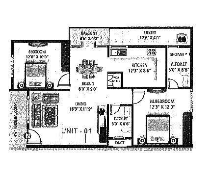 Floor plan of 2 BHK 1190 Sq. Ft. Apartment in Dharani Homes, Bangalore
