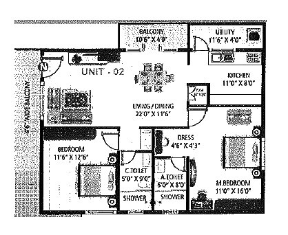 Floor plan of 2 BHK 1260 Sq. Ft. Apartment in Dharani Homes, Bangalore