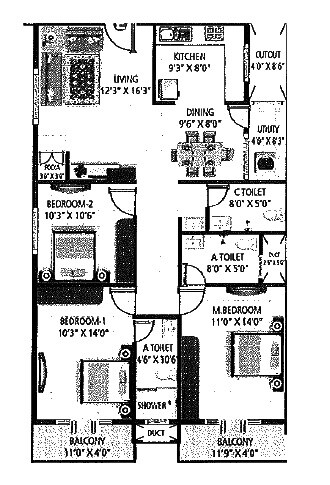 Floor plan of 3 BHK 1450 Sq. Ft. Apartment in Dharani Homes, Bangalore