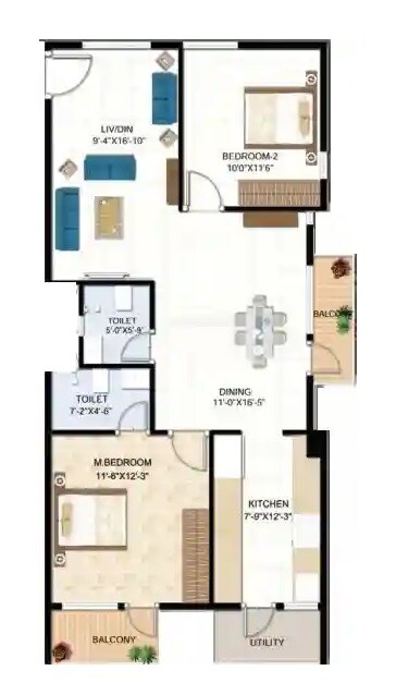 Floor plan of 2 BHK 1197 Sq. Ft. Apartment in Dhatri Ultima, Bangalore
