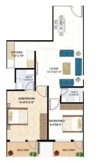 Floor plan of 2 BHK 893 Sq. Ft. Apartment in Dhatri Ultima, Bangalore