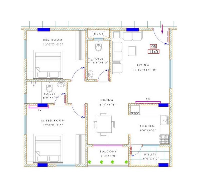 Floor plan of 2 BHK 1140 Sq. Ft. Apartment in Dhiraan Galaxy, Bangalore
