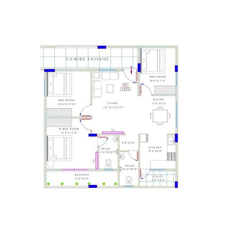 Floor plan of 2 BHK 1275 Sq. Ft. Apartment in Dhiraan Galaxy, Bangalore