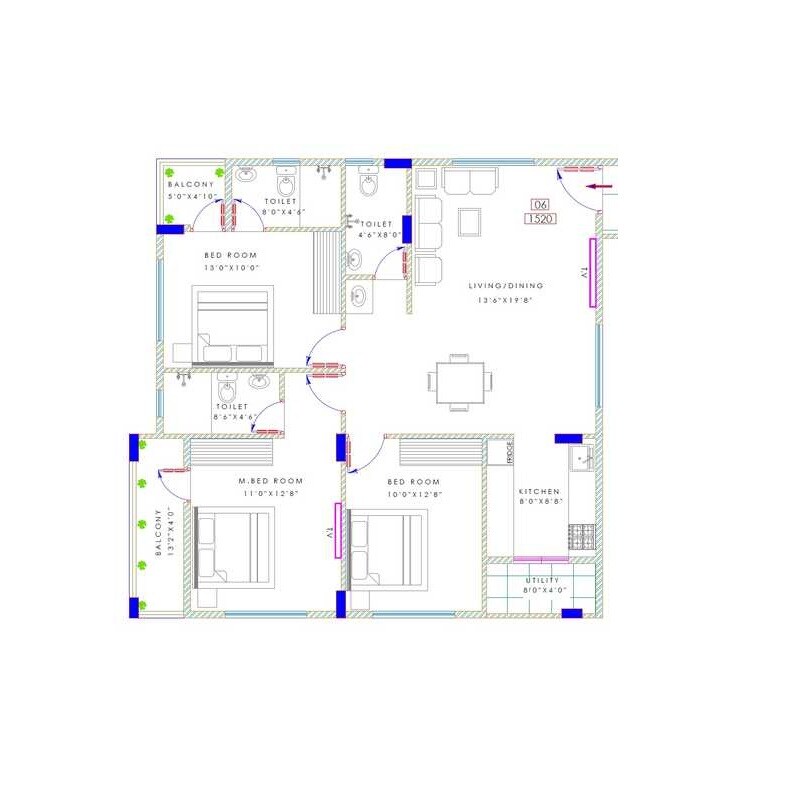 Floor plan of 3 BHK 1520 Sq. Ft. Apartment in Dhiraan Galaxy, Bangalore