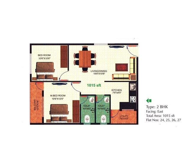 Floor plan of 2 BHK 1015 Sq. Ft. Apartment in Dhiraan Newyork Meadows, Bangalore