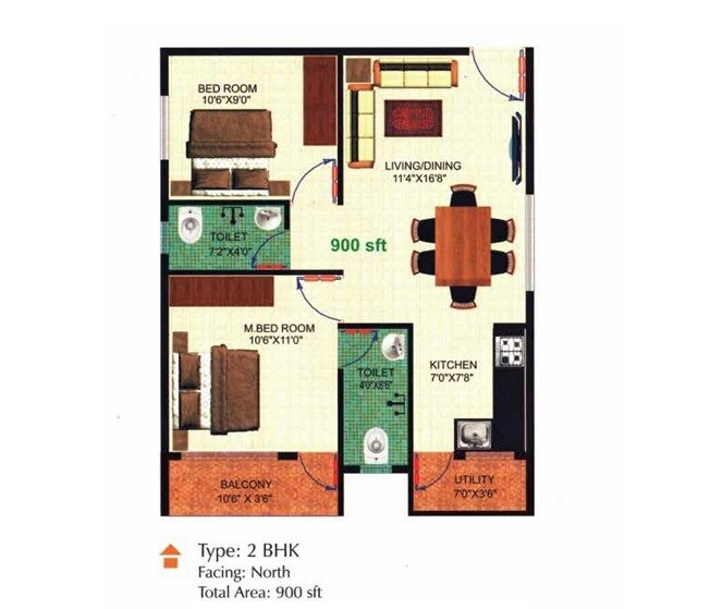 Floor plan of 2 BHK 900 Sq. Ft. Apartment in Dhiraan Newyork Meadows, Bangalore