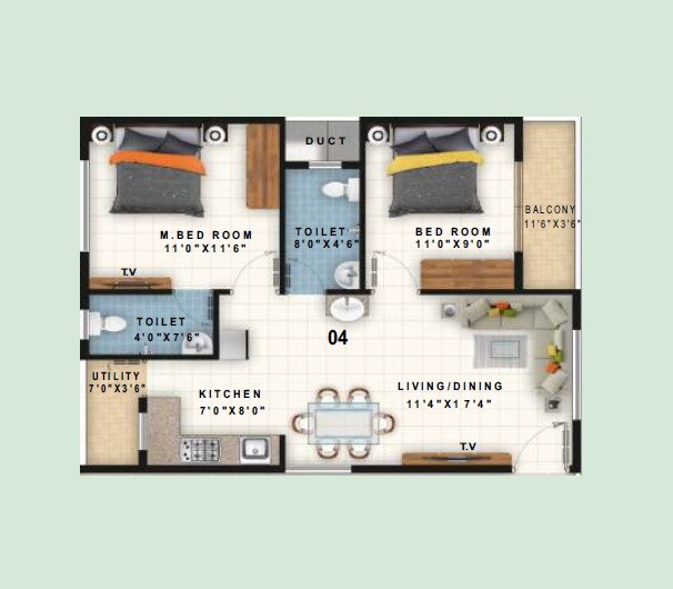 Floor plan of 2 BHK 1020 Sq. Ft. Apartment in Dhiraan Urban Forest, Bangalore