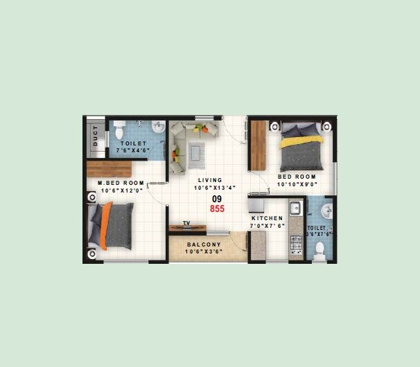 2 BHK 855 Sq. Ft. Apartment