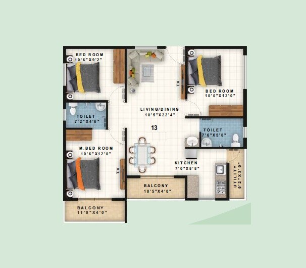 Floor plan of 3 BHK 1383 Sq. Ft. Apartment in Dhiraan Urban Forest, Bangalore