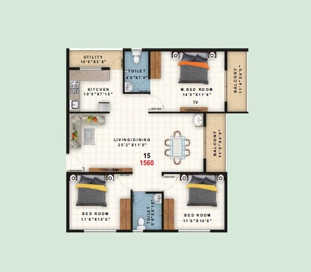 Floor plan of 3 BHK 1560 Sq. Ft. Apartment in Dhiraan Urban Forest, Bangalore