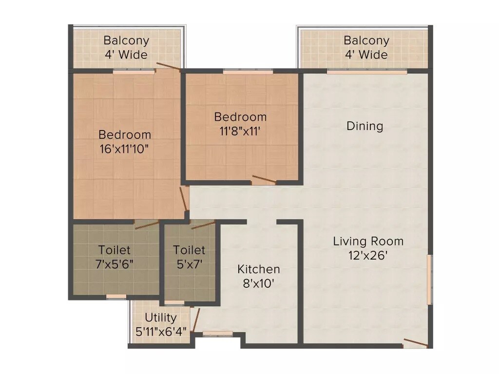 Floor plan of 2 BHK 1285 Sq. Ft. Apartment in Dhruthi Tranquil Towers, Bangalore