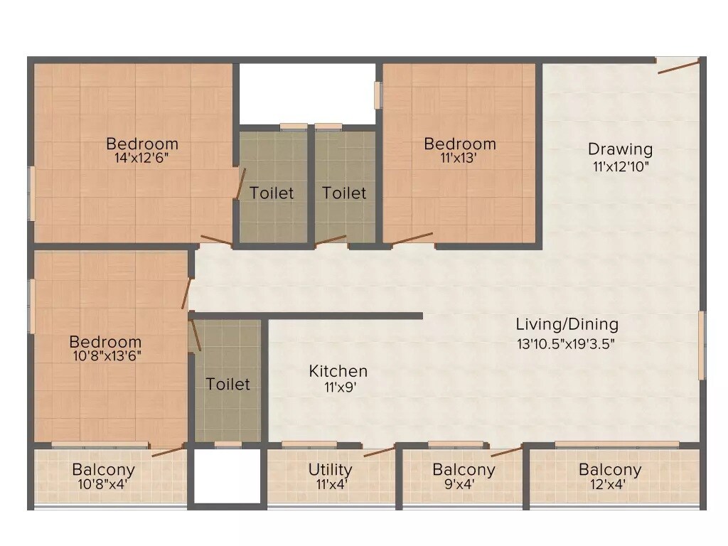 Floor plan of 3 BHK 1765 Sq. Ft. Apartment in Dhruthi Tranquil Towers, Bangalore