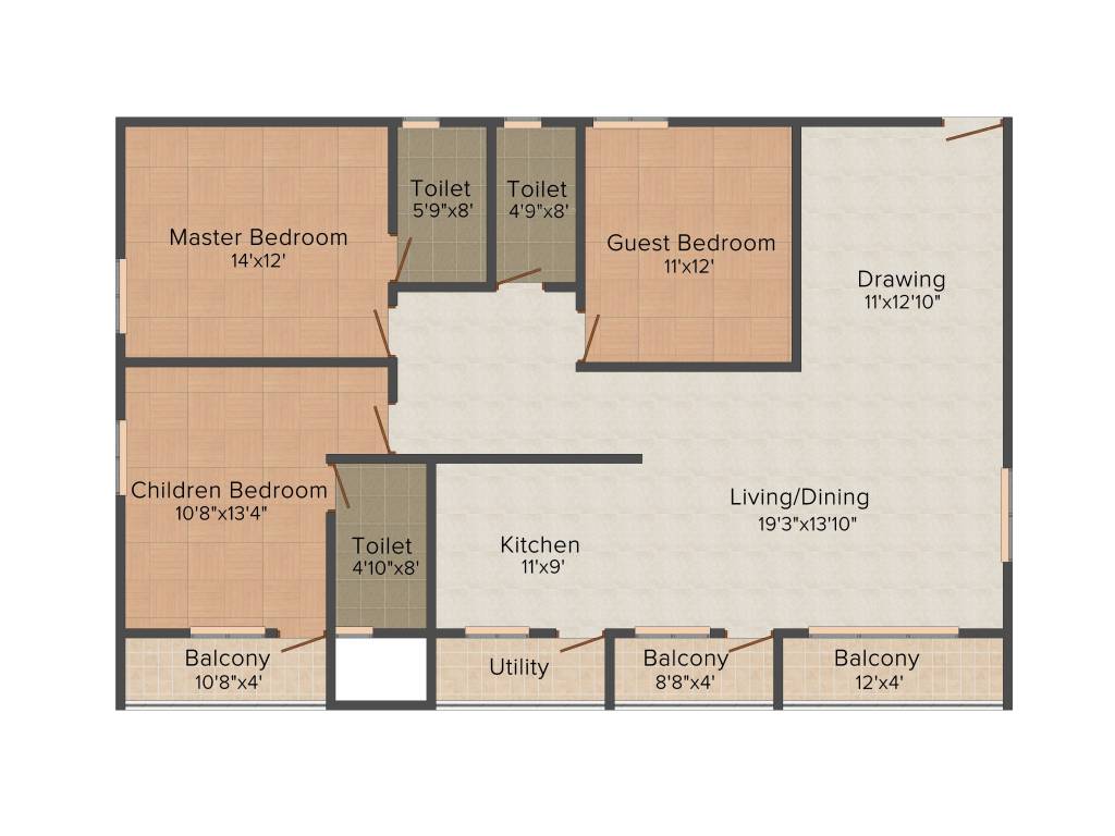 Floor plan of 3 BHK 1825 Sq. Ft. Apartment in Dhruthi Tranquil Towers, Bangalore