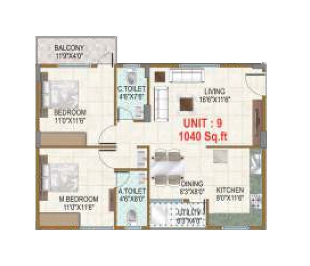 Floor plan of 2 BHK 1040 Sq. Ft. Apartment in Dhruva Coral, Bangalore