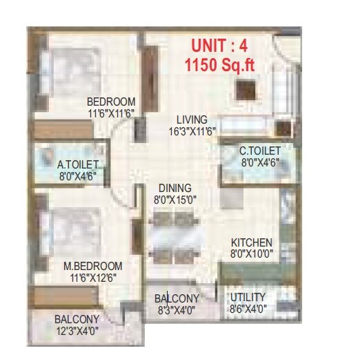 Floor plan of 2 BHK 1150 Sq. Ft. Apartment in Dhruva Coral, Bangalore