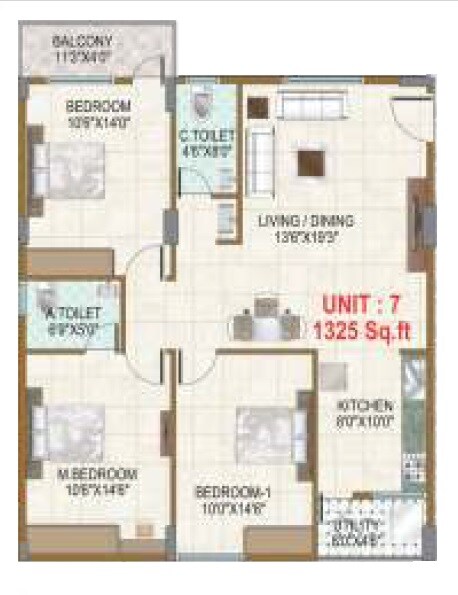 Floor plan of 3 BHK 1325 Sq. Ft. Apartment in Dhruva Coral, Bangalore