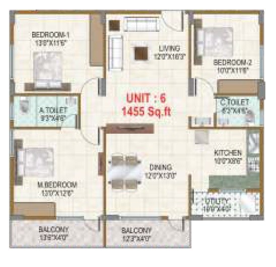 Floor plan of 3 BHK 1455 Sq. Ft. Apartment in Dhruva Coral, Bangalore