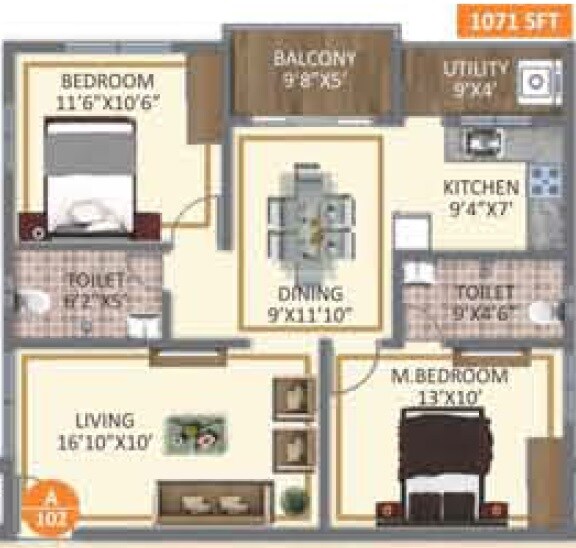 2 BHK 1071 Sq. Ft. Apartment