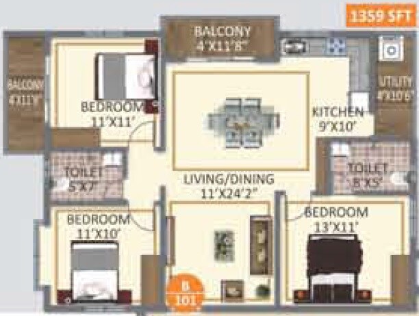 3 BHK 1359 Sq. Ft. Apartment