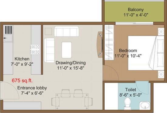 Floor plan of 1 BHK 675 Sq. Ft. Apartment in Disha Courtyard, Bangalore