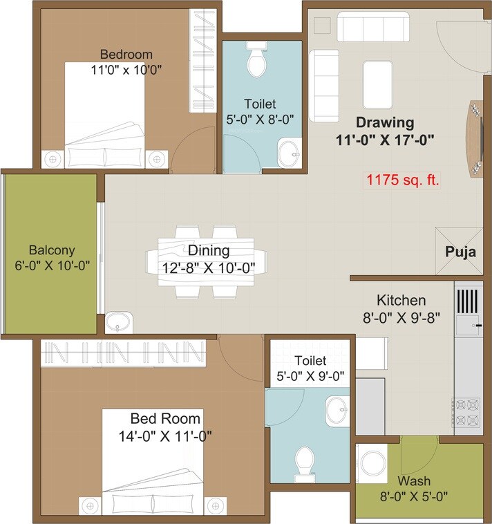 Floor plan of 2 BHK 1175 Sq. Ft. Apartment in Disha Courtyard, Bangalore