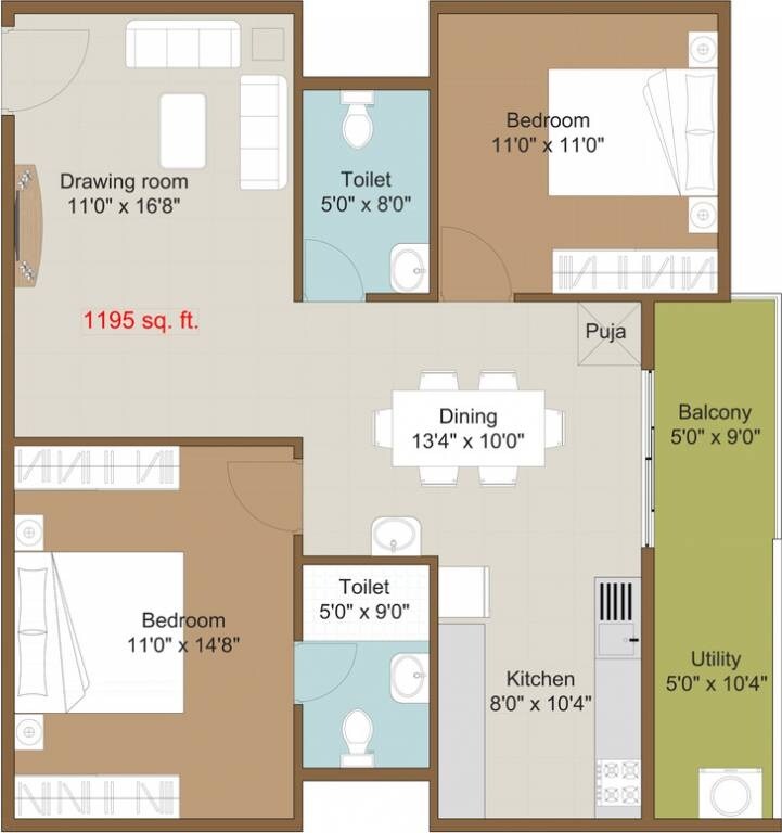 Floor plan of 2 BHK 1195 Sq. Ft. Apartment in Disha Courtyard, Bangalore