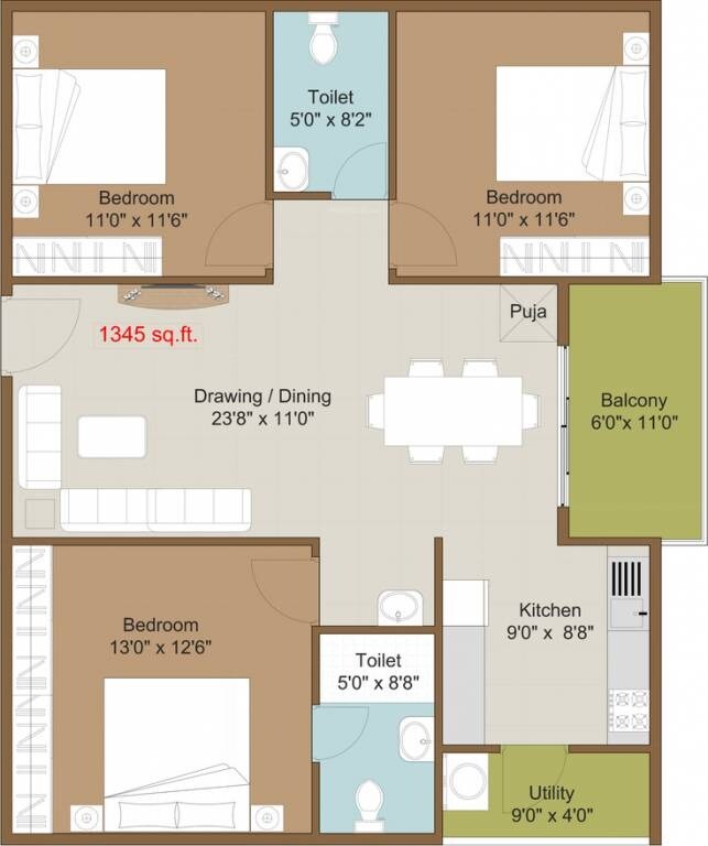 Floor plan of 3 BHK 1395 Sq. Ft. Apartment in Disha Courtyard, Bangalore