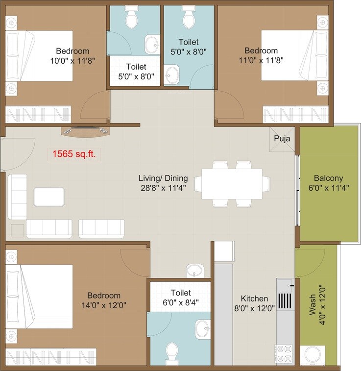 Floor plan of 3 BHK 1565 Sq. Ft. Apartment in Disha Courtyard, Bangalore