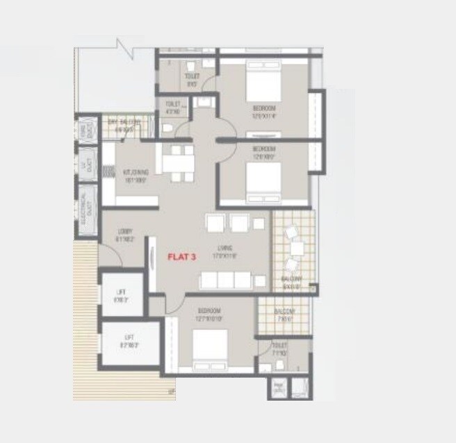 Floor plan of 3 BHK 1737 Sq. Ft. Apartment in Disha Loharuka Solaris, Bangalore