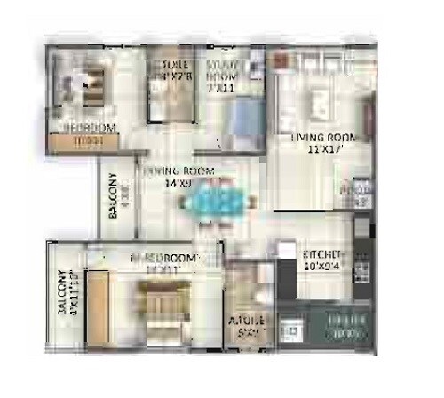 Floor plan of 2 BHK 1208 Sq. Ft. Apartment in Disha Parkwest, Bangalore