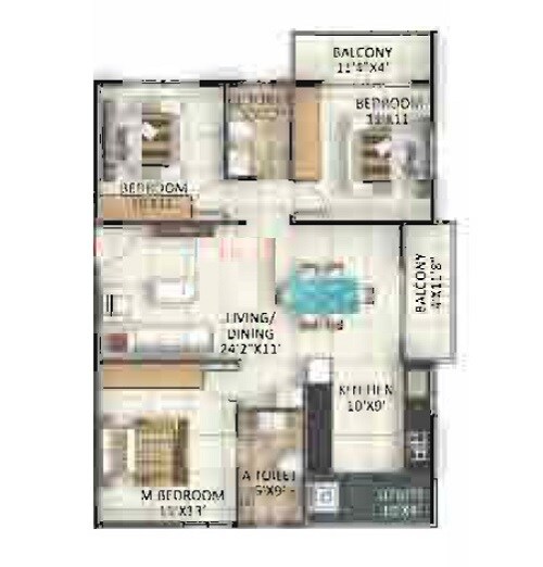 Floor plan of 3 BHK 1350 Sq. Ft. Apartment in Disha Parkwest, Bangalore
