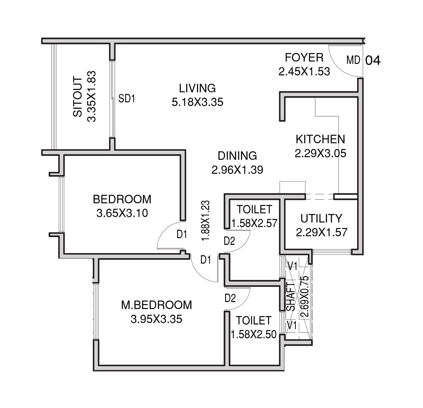 Floor plan of 2 BHK 1278 Sq. Ft. Apartment in Disha Pursuit of Radiance, Bangalore