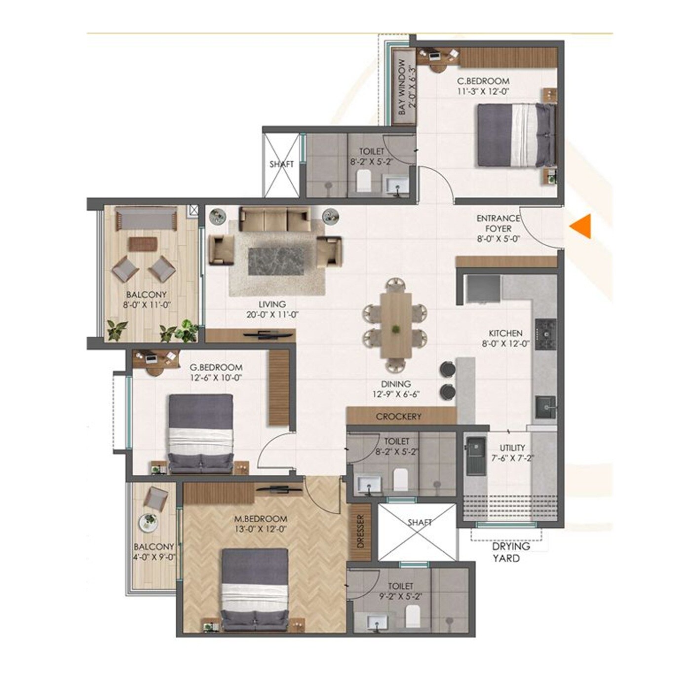 Floor plan of 3 BHK 1586 Sq. Ft. Apartment in Disha Pursuit of Radiance, Bangalore