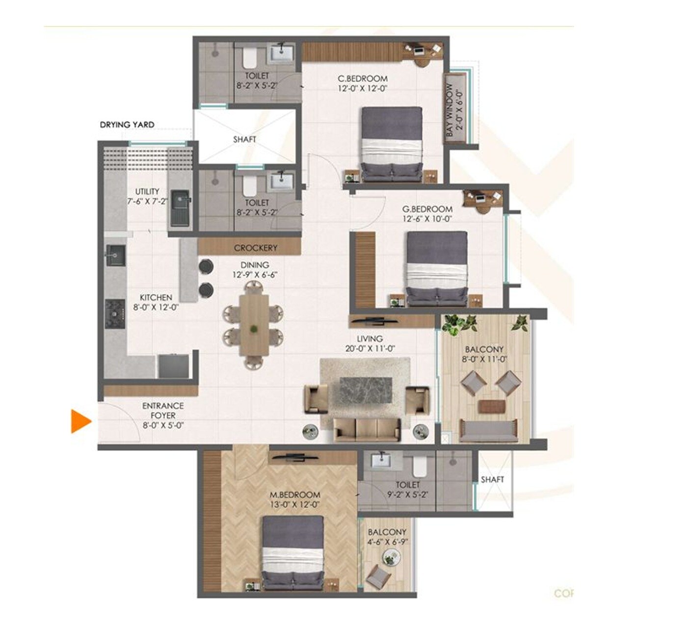 Floor plan of 3 BHK 1810 Sq. Ft. Apartment in Disha Pursuit of Radiance, Bangalore