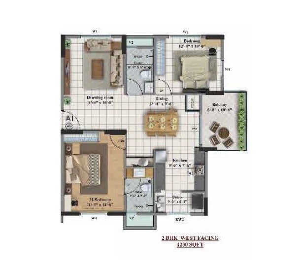 Floor plan of 2 BHK 1230 Sq. Ft. Apartment in Disha Pursuit Of Sunshine, Bangalore