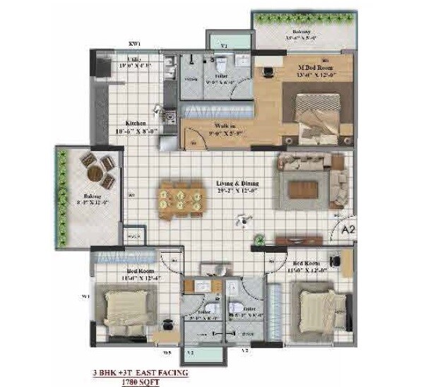 Floor plan of 3 BHK 1780 Sq. Ft. Apartment in Disha Pursuit Of Sunshine, Bangalore