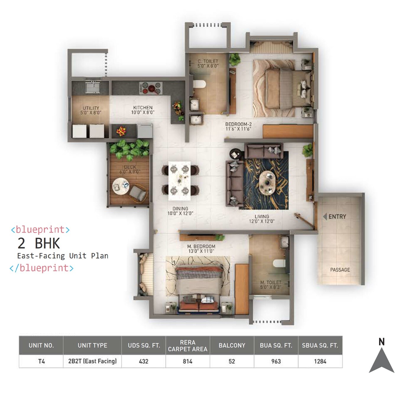 Floor plan of 2 BHK Apartment - 1284 sq. ft. in Disha Whitehill Towers, Bangalore