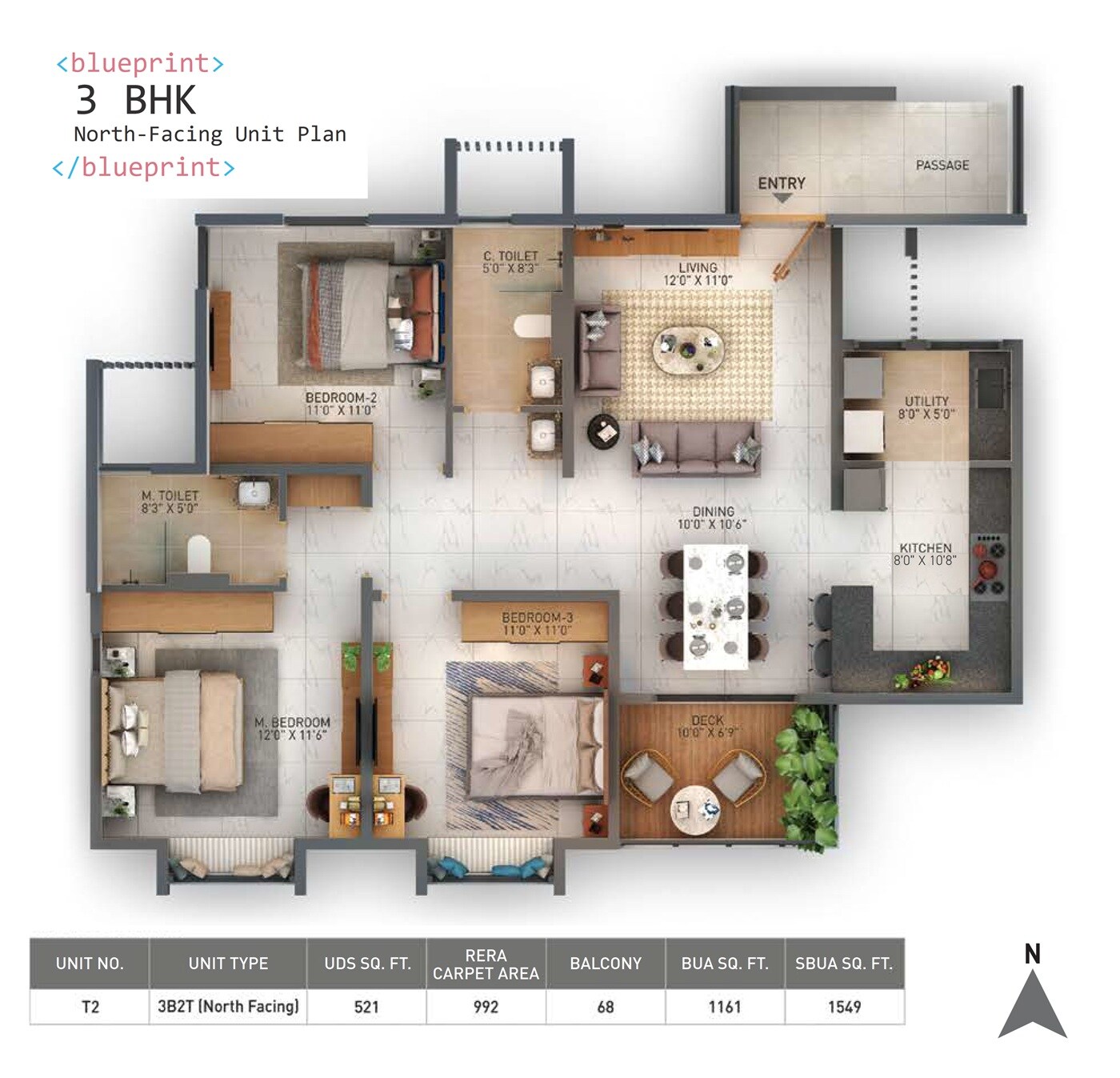 Floor plan of 3 BHK Apartment - 1549 sq. ft. in Disha Whitehill Towers, Bangalore