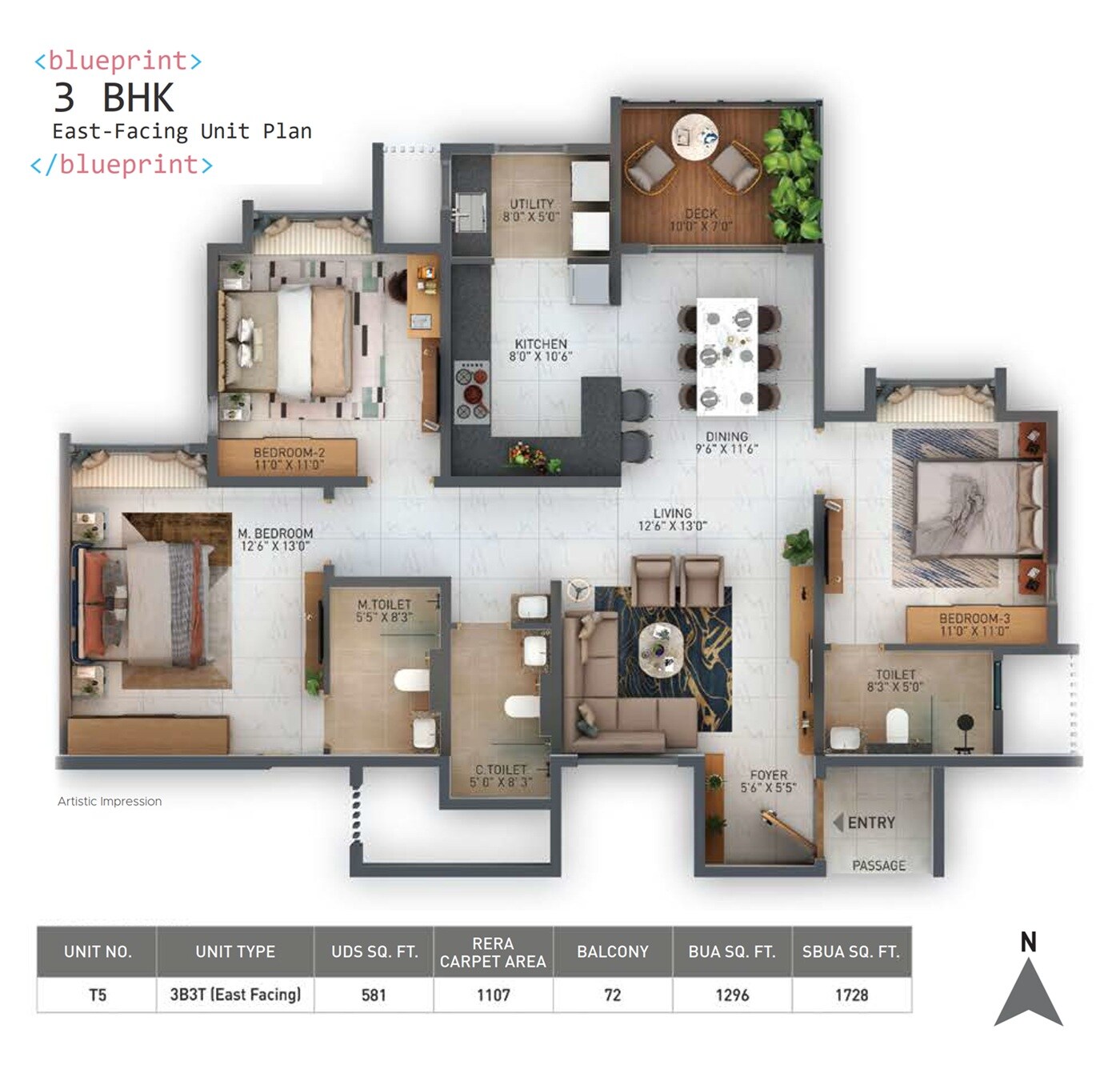 Floor plan of 3 BHK Apartment - 1728 sq. ft. in Disha Whitehill Towers, Bangalore