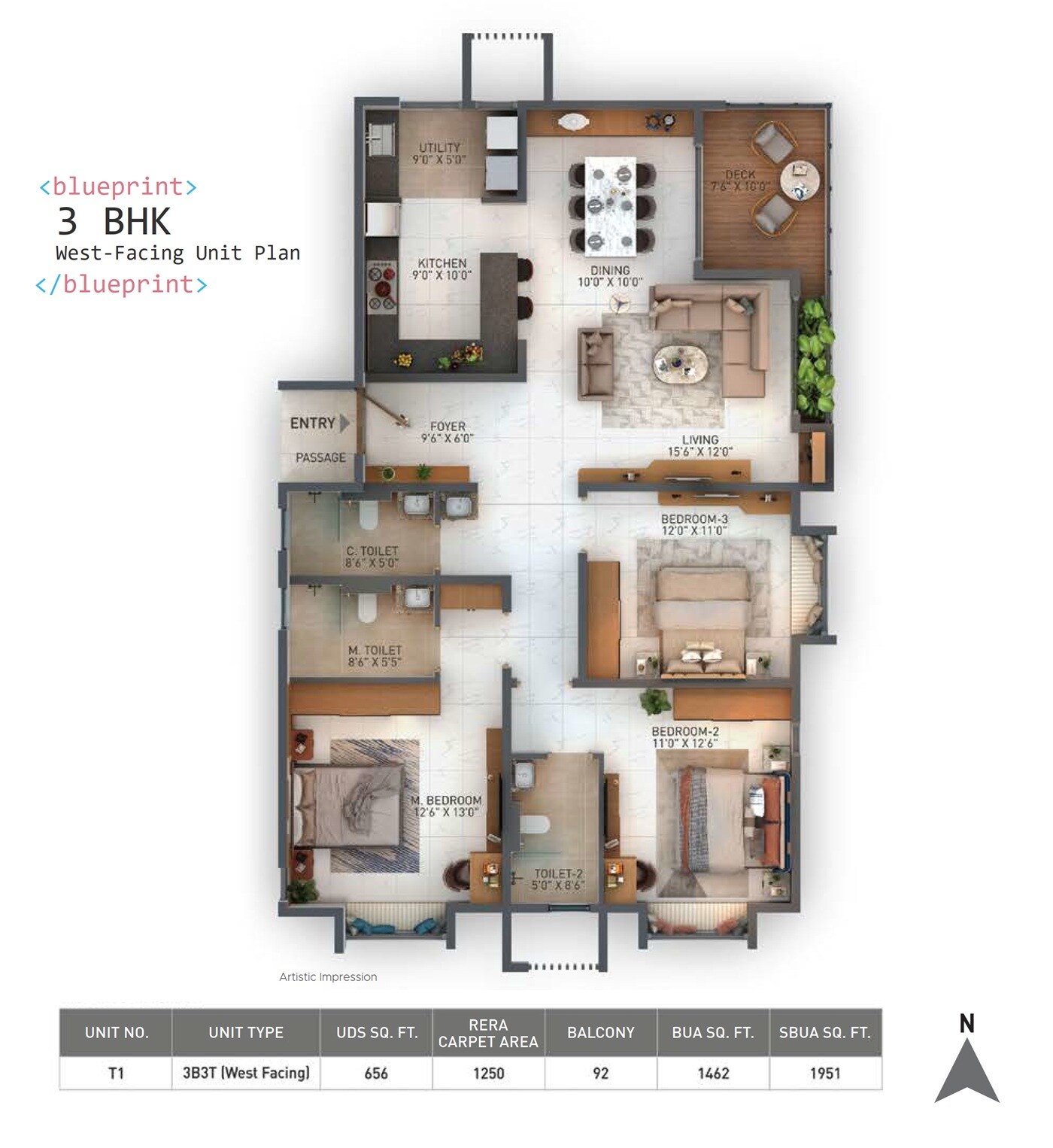 Floor plan of 3 BHK Apartment - 1951 sq. ft. in Disha Whitehill Towers, Bangalore