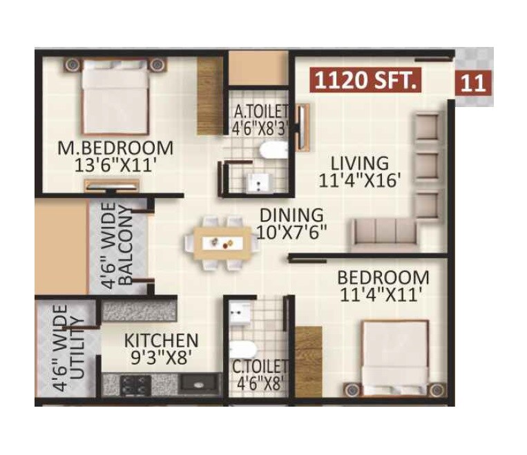 2 BHK 1120 Sq. Ft. Apartment