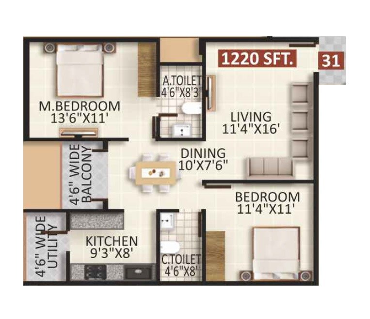 2 BHK 1220 Sq. Ft. Apartment