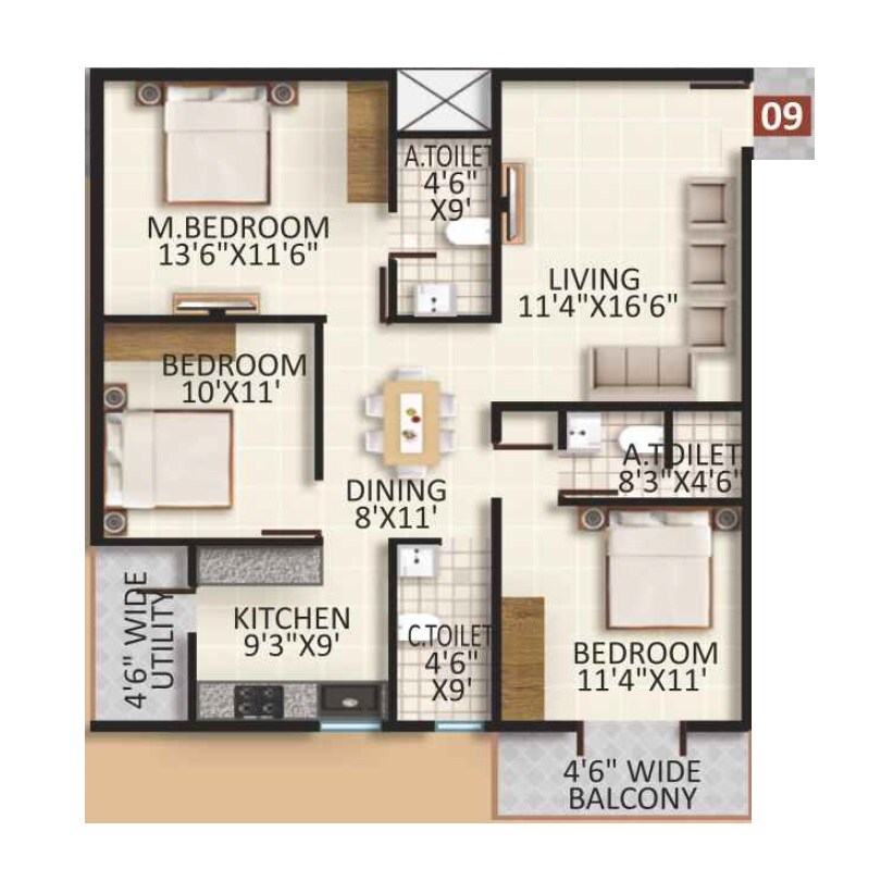 3 BHK 1408 Sq. Ft. Apartment