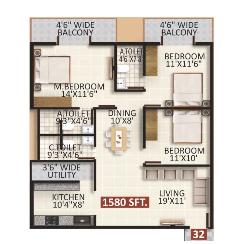 3 BHK 1580 Sq. Ft. Apartment