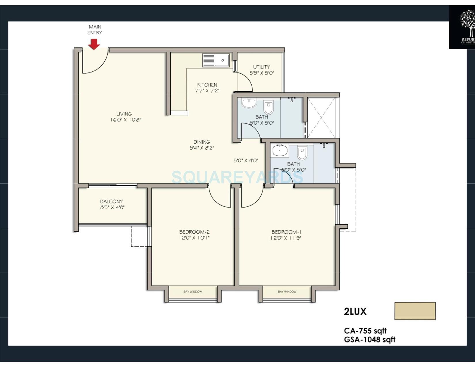 Floor plan of 2 BHK 1048 Sq. Ft. Apartment in Divya Sree Republic of Whitefield, Bangalore