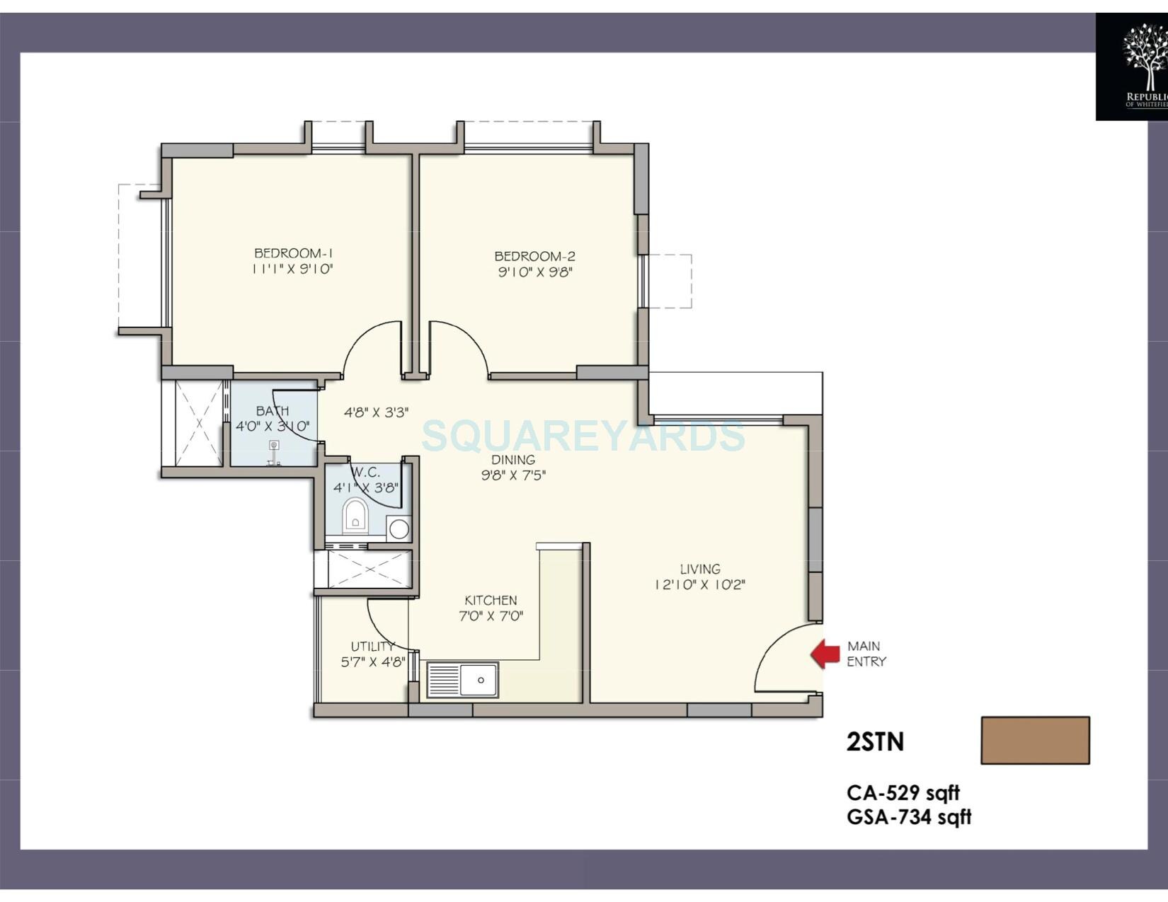 Floor plan of 2 BHK 734 Sq. Ft. Apartment in Divya Sree Republic of Whitefield, Bangalore