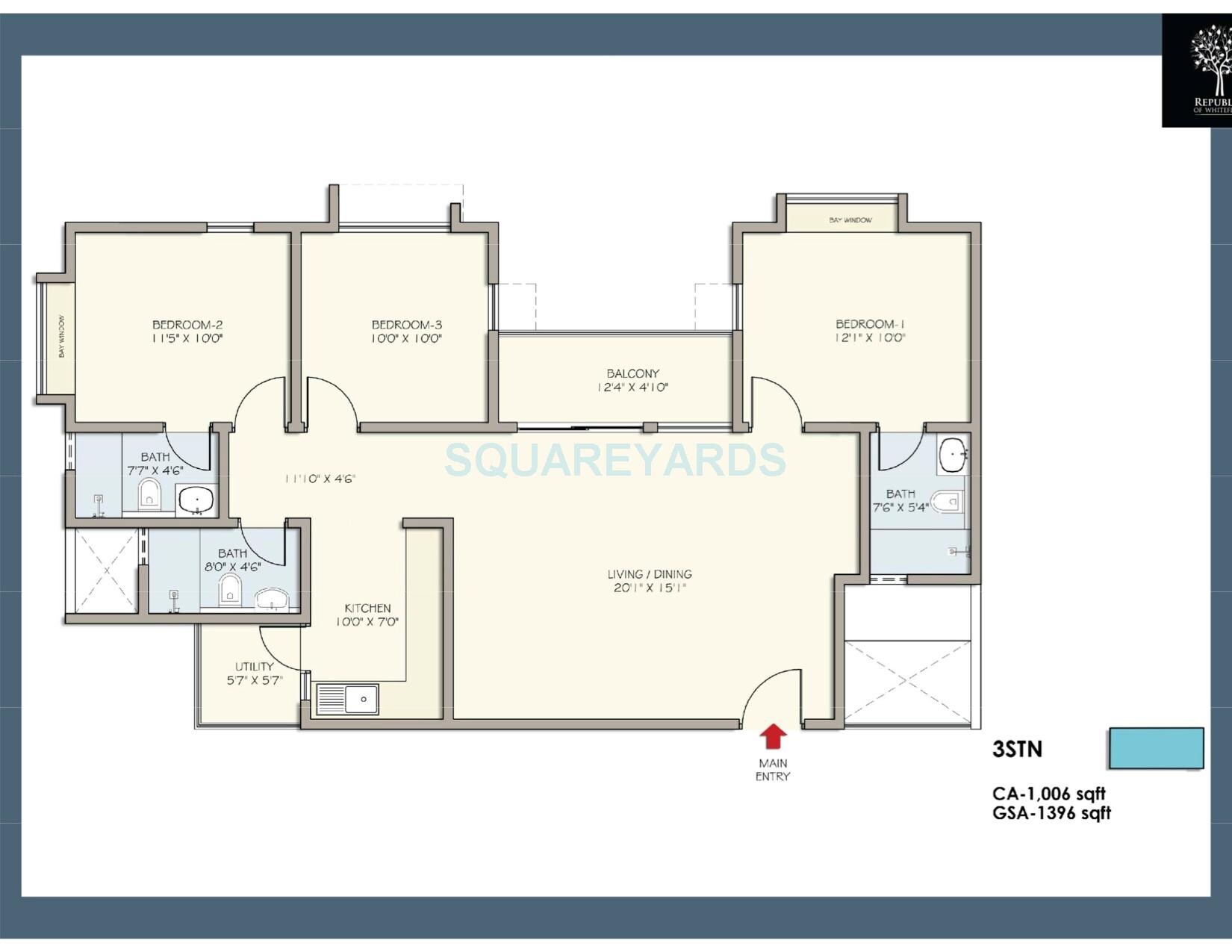 Floor plan of 3 BHK 1396 Sq. Ft. Apartment in Divya Sree Republic of Whitefield, Bangalore