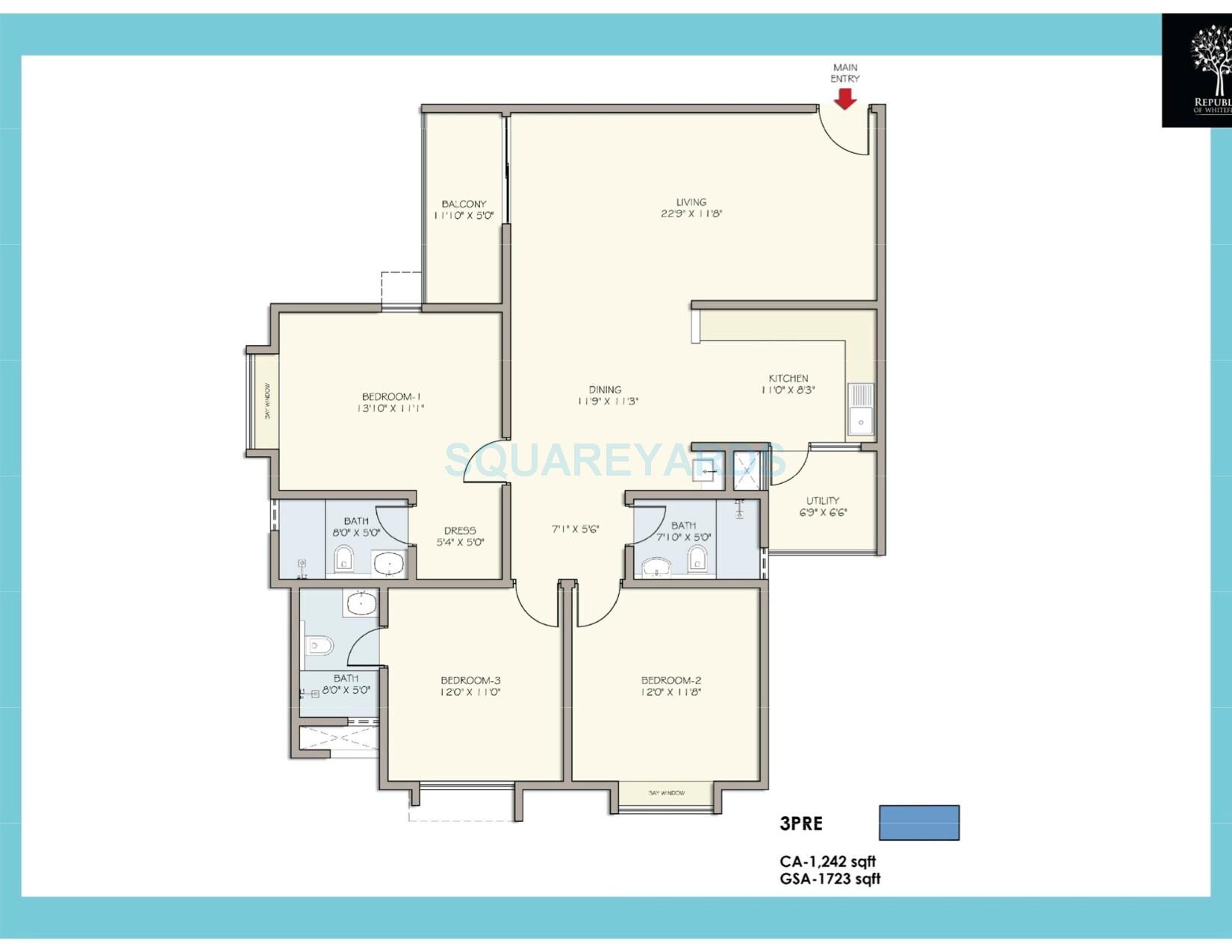Floor plan of 3 BHK 1723 Sq. Ft. Apartment in Divya Sree Republic of Whitefield, Bangalore