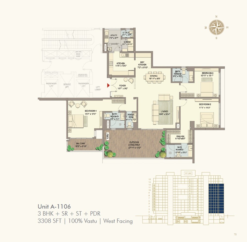 Floor plan of 3 BHK 3308 Sq. Ft. Apartment in DivyaSree 77 Life, Bangalore