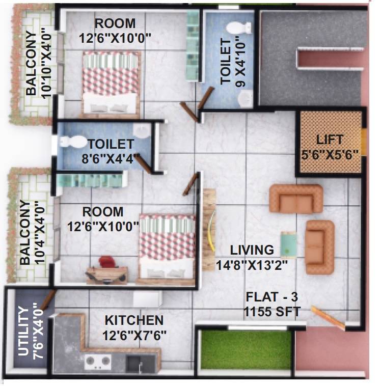 Floor plan of 2 BHK 1155 Sq. Ft. Apartment in DK Krishna Residency, Bangalore